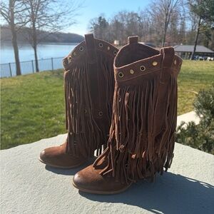 Naughty Monkey Brown Suede Fringe Western Boots Studded Boho Festival - size 7